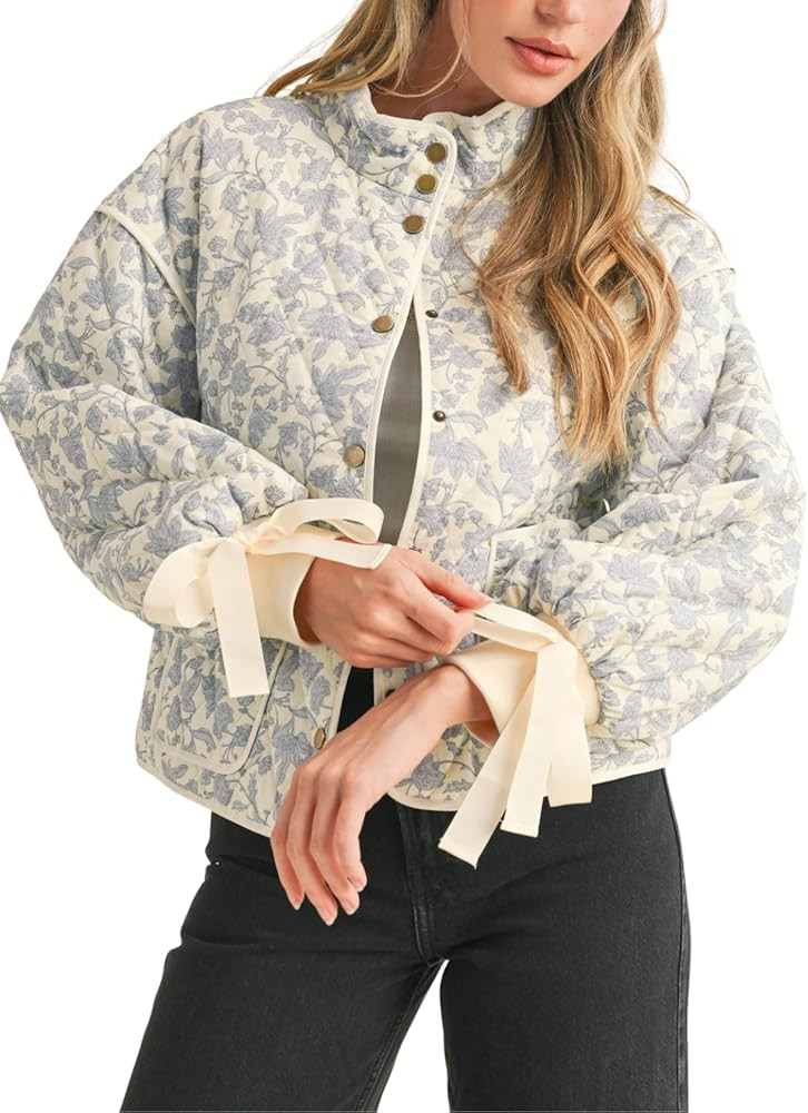 ChiyeeKiss Womens Floral Quilted Jacket Stand Collar Drop Shoulder Balloon Sleeves with Bow Tie R... | Amazon (US)