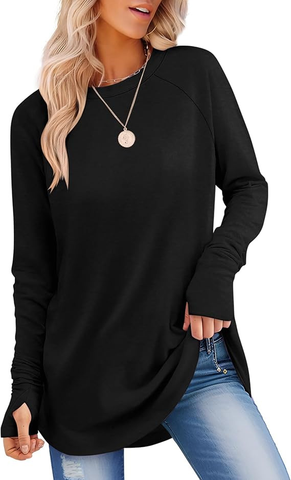 VVK Womens Long Sleeve Shirts Crew Neck Tunic Tops to Wear with Leggings Casual Loose Fit Thumb H... | Amazon (US)