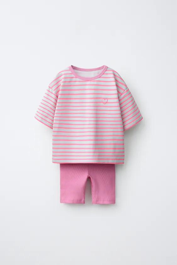 Two-piece set. Short-sleeve T-shirt with a round neck, striped print, and embroidered heart detai... | Zara US