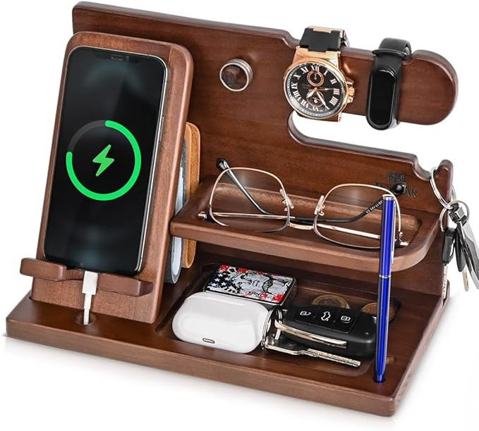 TESLYAR Wood Phone Docking Station for Men - Desk or Nightstand Organizer - Birthday gifts for Hu... | Amazon (US)