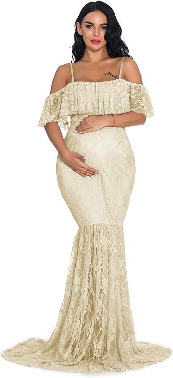 Fitted Lace Maternity Gown Ruffle Sleeve Mermaid Off Shoulder Photography Dress Baby Shower | Amazon (US)