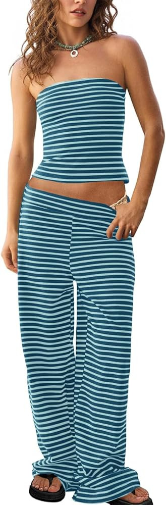 Tankaneo Womens Striped 2 Piece Sets Summer Strapless Crop Tube Tops Wide Leg Pants Matching Loun... | Amazon (US)