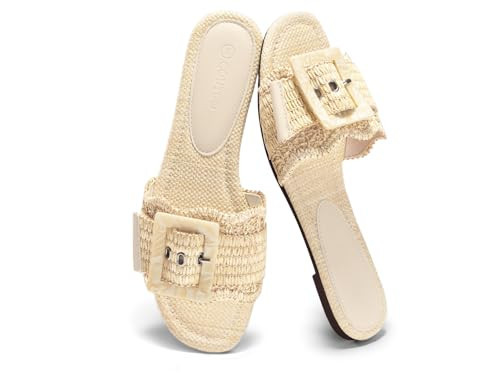 Coutgo Womens Flat Sandals Raffia Slip On Slide Sandal Square Open Toe Buckle Summer Beach Shoes Flats, Beige, Size 7.5 | Amazon (US)