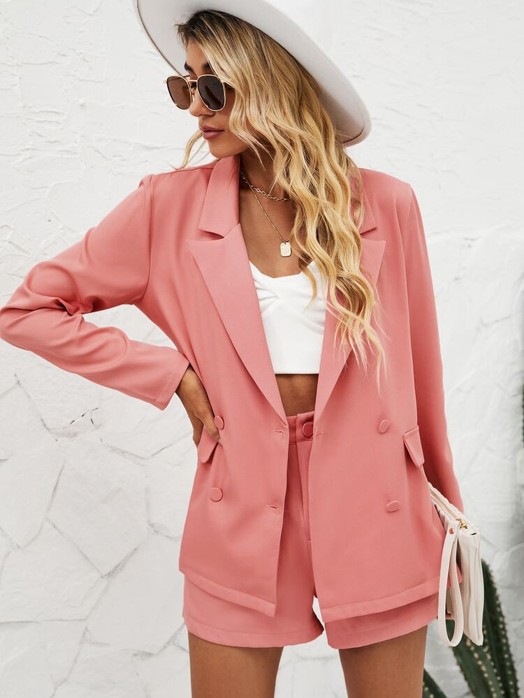 Lapel Neck Double Breasted Blazer & Shorts | SHEIN