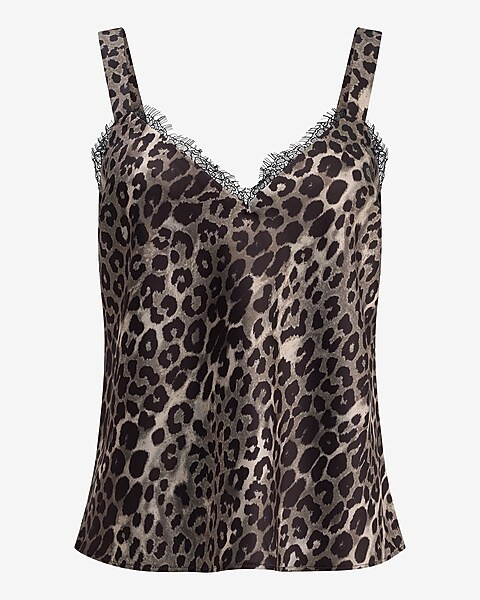 Satin Leopard Lace Trim V-neck Wide Strap Cami | Express