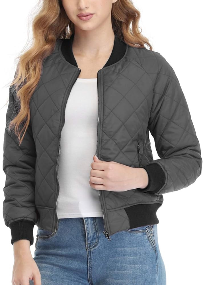 andy & natalie Women's Quilted Jacket Long Sleeve Zip up Raglan Bomber Jacket with Pockets | Amazon (US)