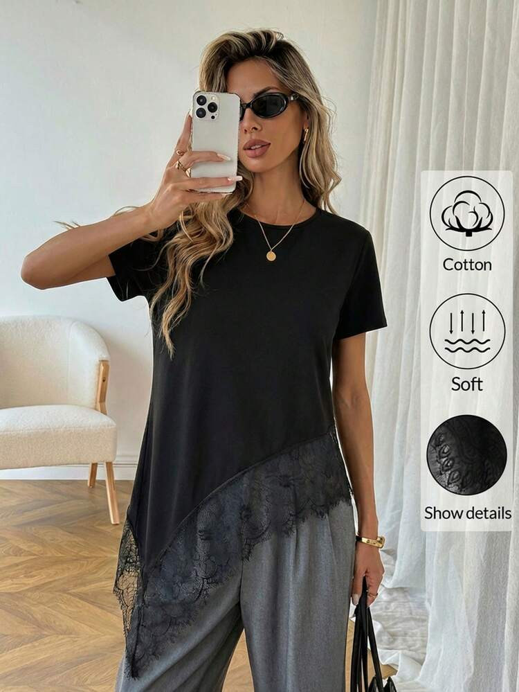 Easowa Women's Black Round Neck Short Sleeve T-Shirt With Lace Hem Asymmetrical Hem, Cotton, Spring/Summer Casual Tops Women Summer Summer Outfit For Women | SHEIN