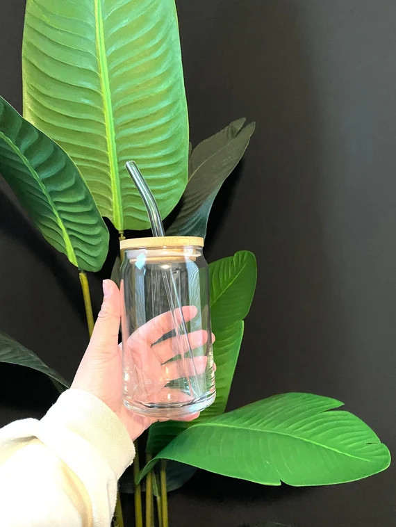 BLANK or CUSTOM Iced Coffee Glass With Straw & LID  Vinyl | Etsy | Etsy (US)