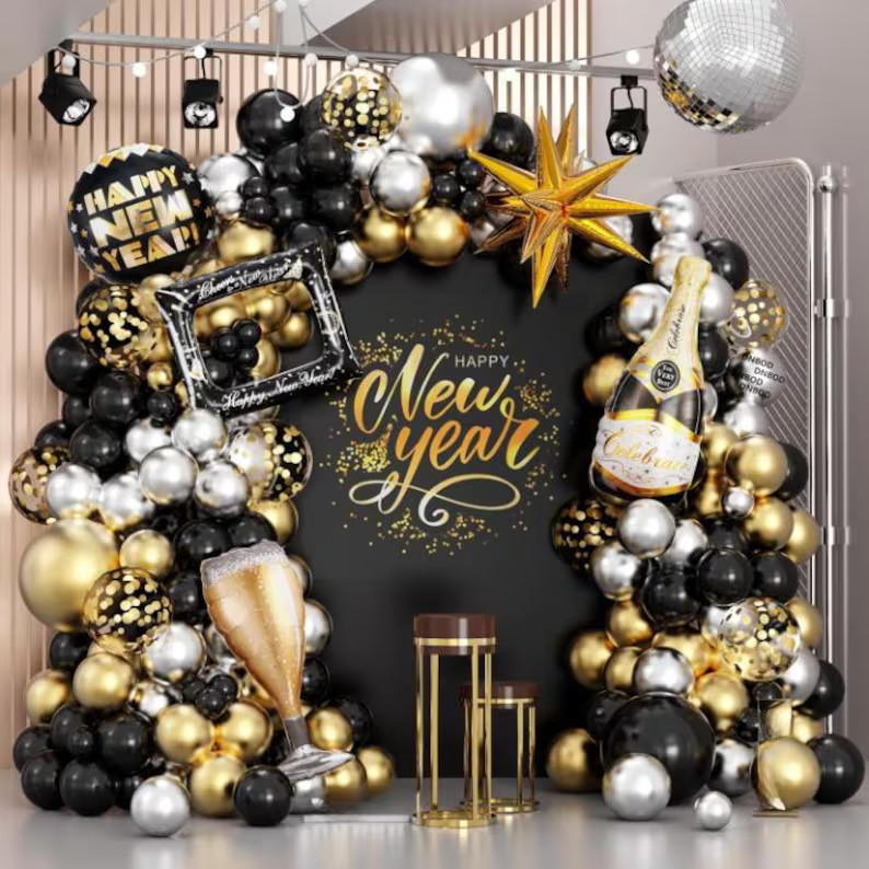 Black Gold Silver New Year Balloon Arch Kit 2026, Party Backdrop, Luxury Decor Set | Etsy (US)