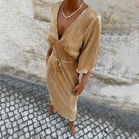 Women's Plisse Dress Petite in Gold, Size Large, 100% Polyester by Never Fully Dressed | Never Fully Dressed US