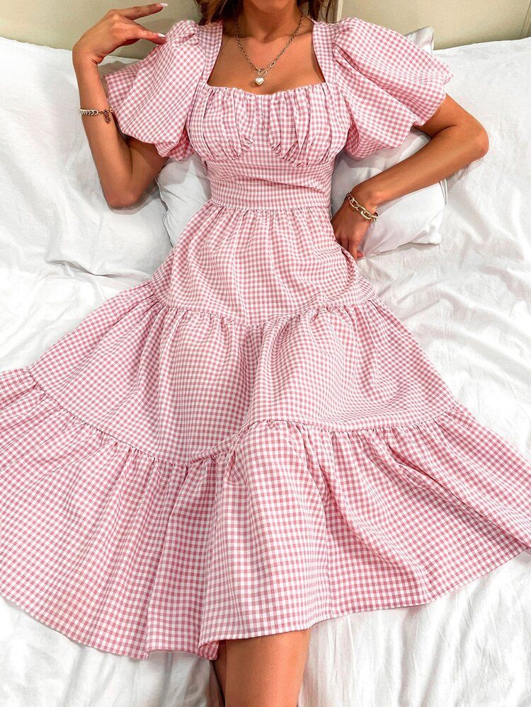 Gingham Ruched Bust A-line Dress | SHEIN