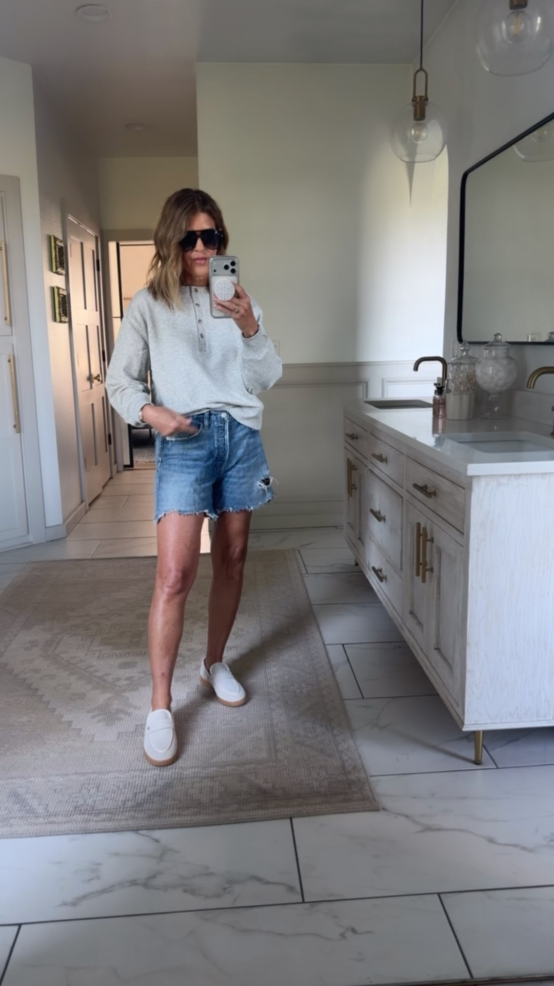 Size medium sweatshirt size 27 shorts size up if between in loafers

#LTKOver40 #LTKootd