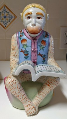 DEAL!  The Bombay Co. 12" CHINOISERIE   PEACH MONKEY READING BOOK | eBay AU