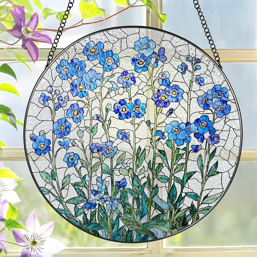 8 Inch Stained Glass Window Hanging, Forget Me Not Flower Stained Glass Suncatcher, Window Decor,... | Amazon (US)