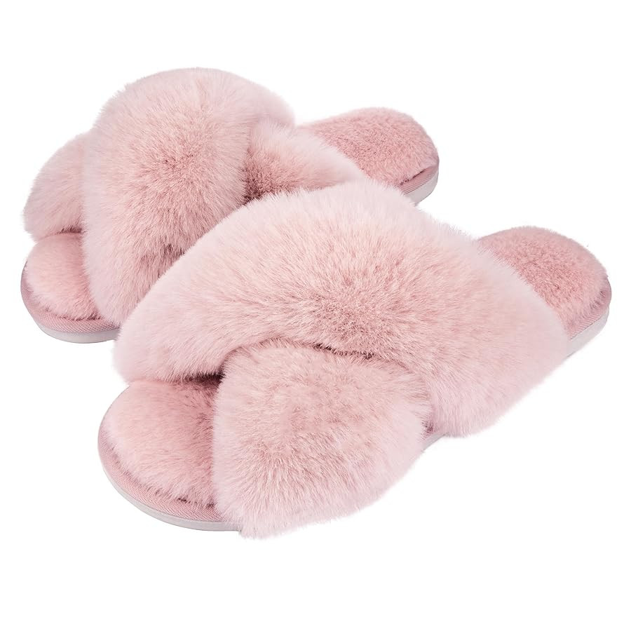 Metog Women's Fuzzy Cross Band Indoor/Outdoor Soft Open Toe Slippers | Amazon (US)