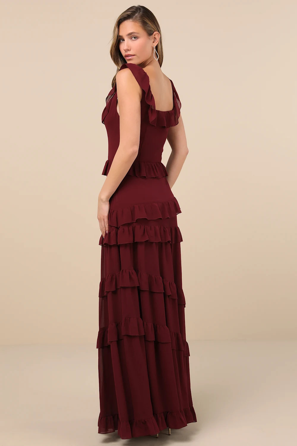 Compelling Romantic Burgundy Ruffled Tiered Maxi Dress | Lulus