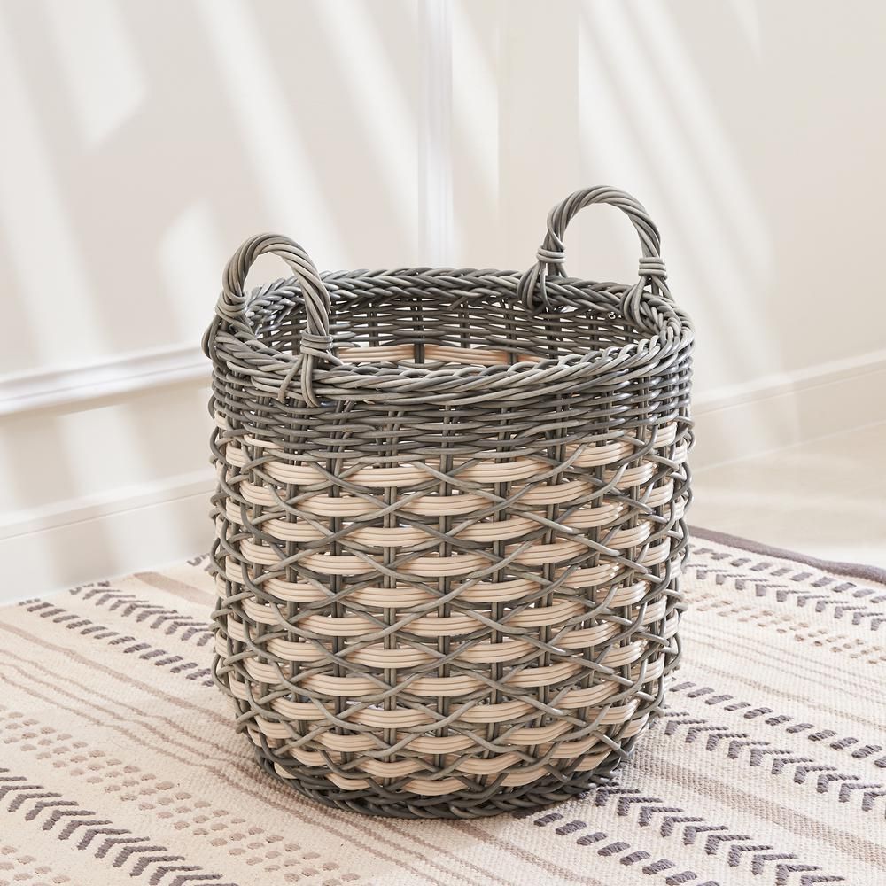 Vifah Valeria Large Round Stackable Resin Plant Pot and Decorative Basket, Gray | The Home Depot