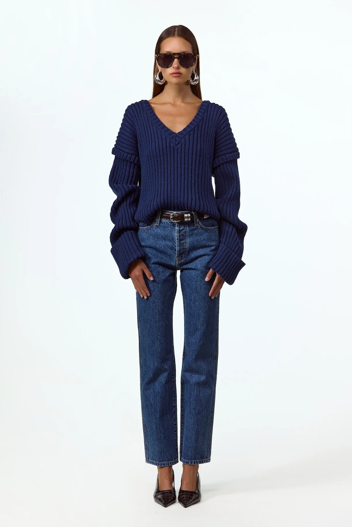 Oversized V Neck Sweater (Navy) | SAME