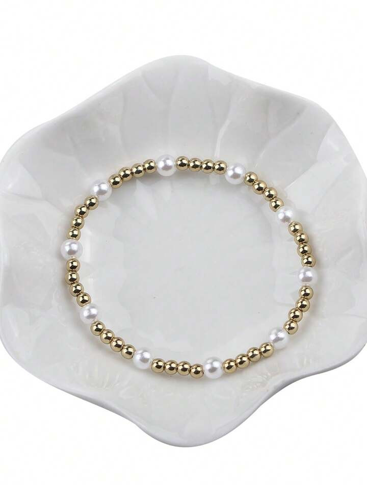 1pc Women's Golden Beaded Bracelet Pearl Bead & Elastic Design, Lovely Minimalist Style For Fashi... | SHEIN