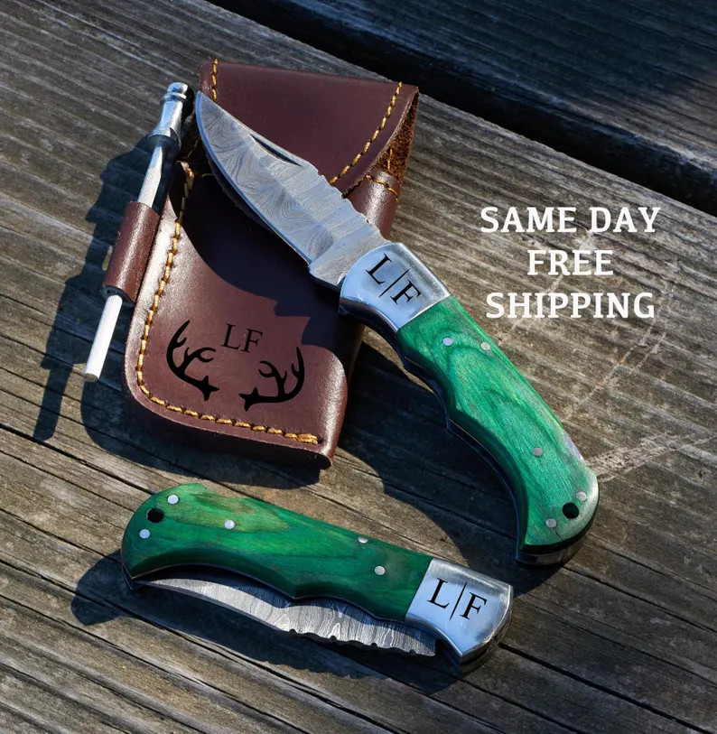 Handmade Damascus Pocket Knife, Green Wood Handle, Birthday Gift, Gift for Father, Groomsmen Anni... | Etsy (US)