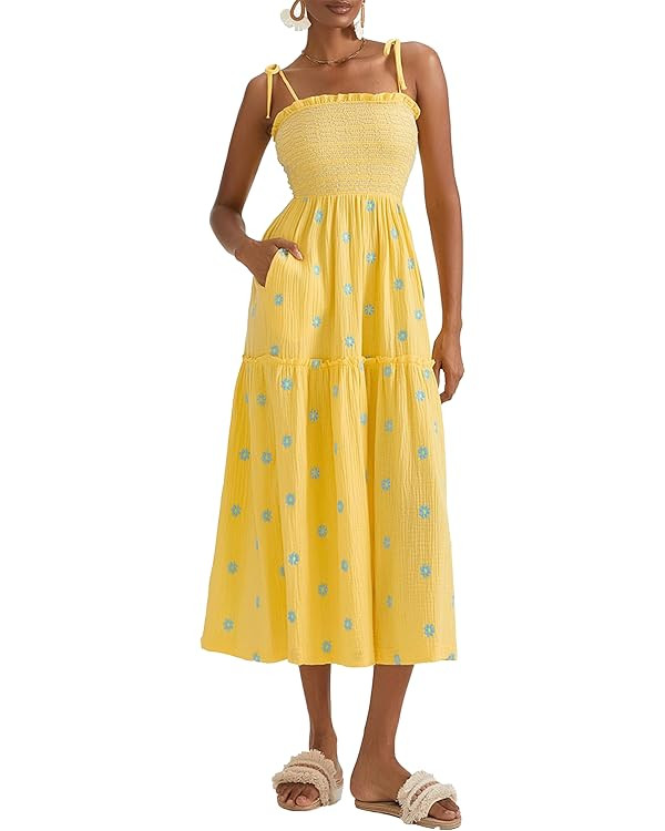 Women Floral Embroidered Maxi Dress Sleeveless Tie Shoulder Smocked Flowy Dress Boho Summer Sundr... | Amazon (US)