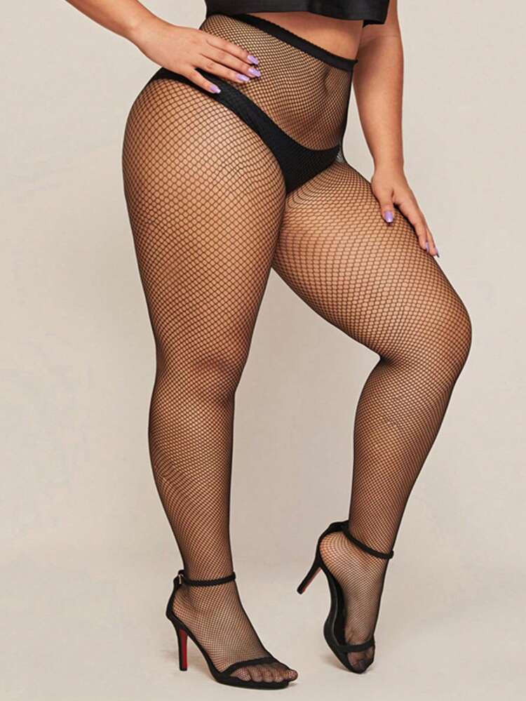 1pair Women Solid Color Fashionable Plus Size Fishnet Tights For Daily Decoration | SHEIN