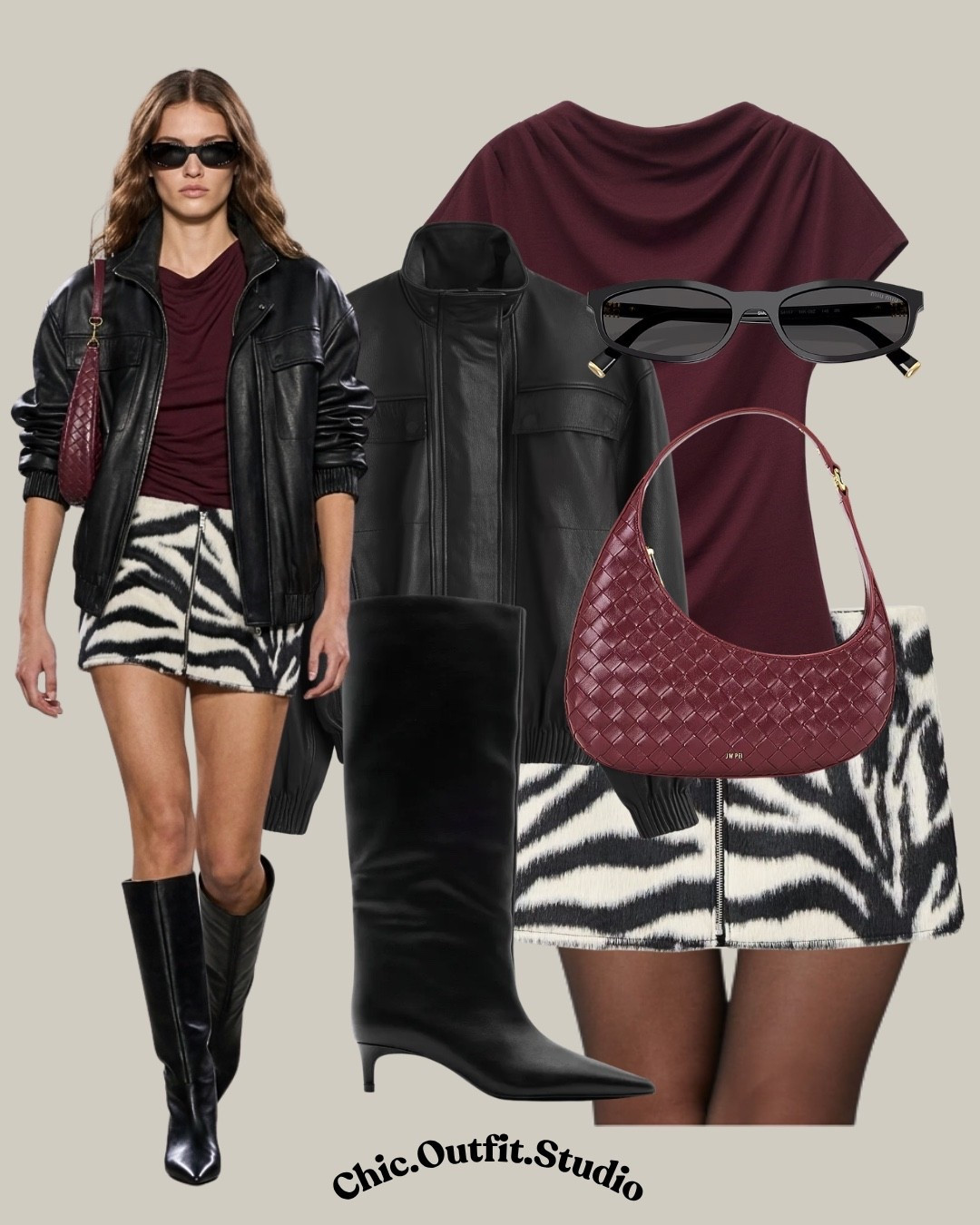 🖤 Burgundy Top + Zebra Mini Skirt + Leather Jacket

✨A rich burgundy draped top paired with a zebra-print mini skirt and oversized black leather jacket creates a bold fall outfit that feels modern, polished, and effortlessly cool. Knee-high black boots and a burgundy woven shoulder bag pull the look together while keeping the statement print balanced with sleek neutrals. 

✨Perfect for dinner dates, cocktails, city nights, fashion events, weekend plans, or elevated evening outings. An easy formula for mixing animal print with rich autumn colors without feeling overdone.

✨Tags: zebra skirt outfit women, fall mini skirt outfit, burgundy top outfit women, leather jacket skirt outfit, animal print outfit women, black leather jacket outfit, knee high boots outfit women, burgundy fall outfit, edgy chic fall outfit, fall date night outfit, statement skirt outfit, European style outfit, autumn night out outfit, elevated evening outfit, trendy fall outfit women, animal print fall fashion

#LTKdatenight #LTKautumn #LTKbag
