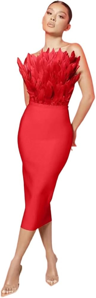 Women's Mid-Length Dress Tube Top Ostrich Feather Temperament Bandage Dress | Amazon (US)