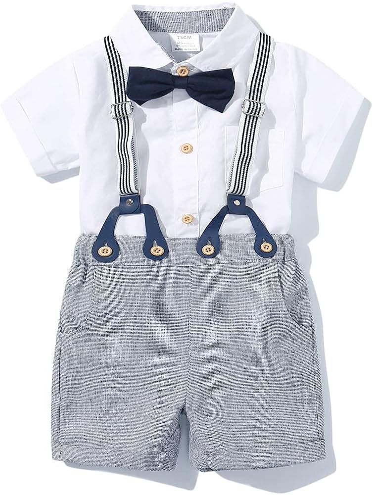 Baby Boys Gentleman Outfits Suits, Infant Short Sleeve Shirt+Bib Pants+Bow Tie Overalls Clothes Set  | Amazon (US)