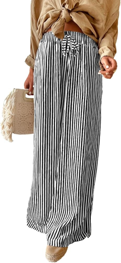 Women's Casual High Waist Wide Leg Pants Summer Striped Drawstring Palazzo Trousers with Pockets | Amazon (US)