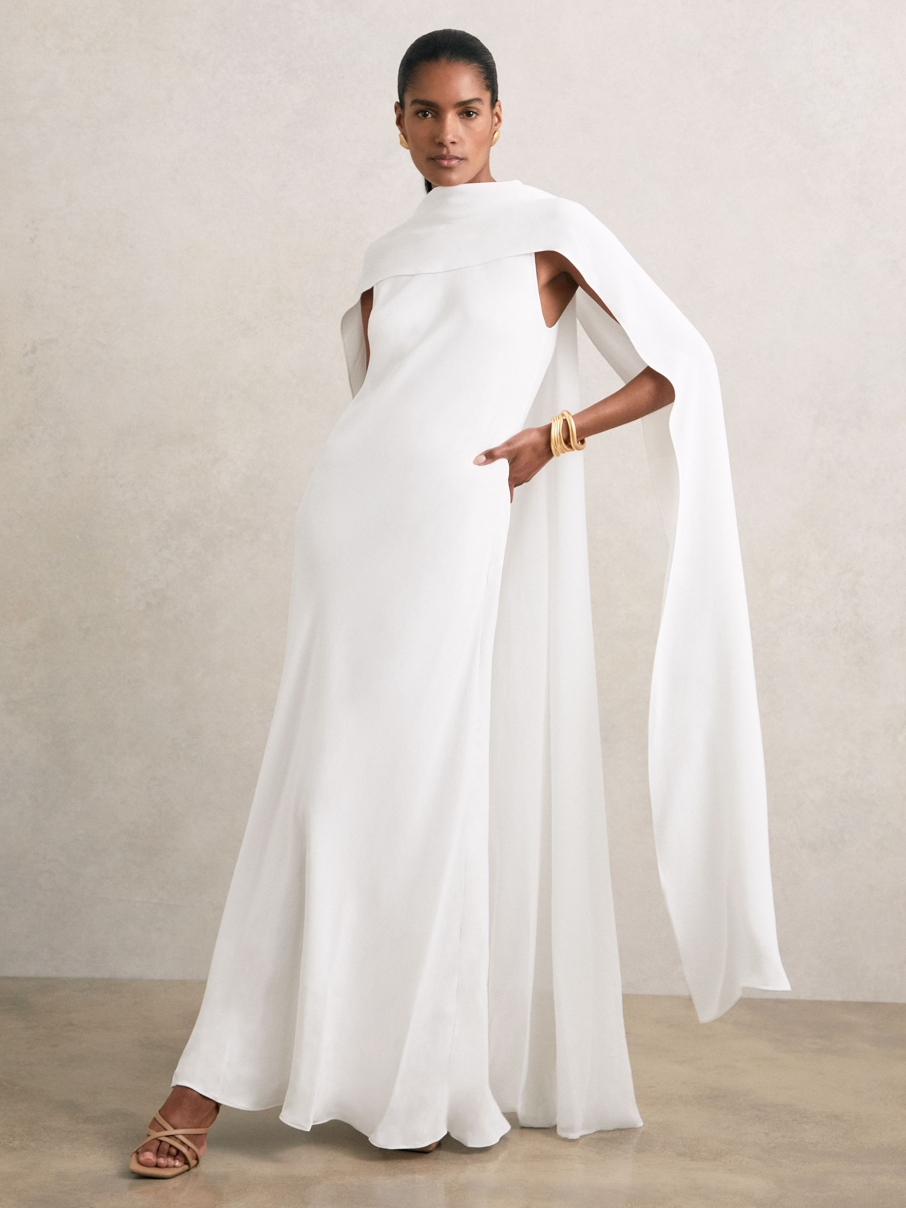 Reiss Crepe Cape Maxi Dress in White | REISS | Reiss US