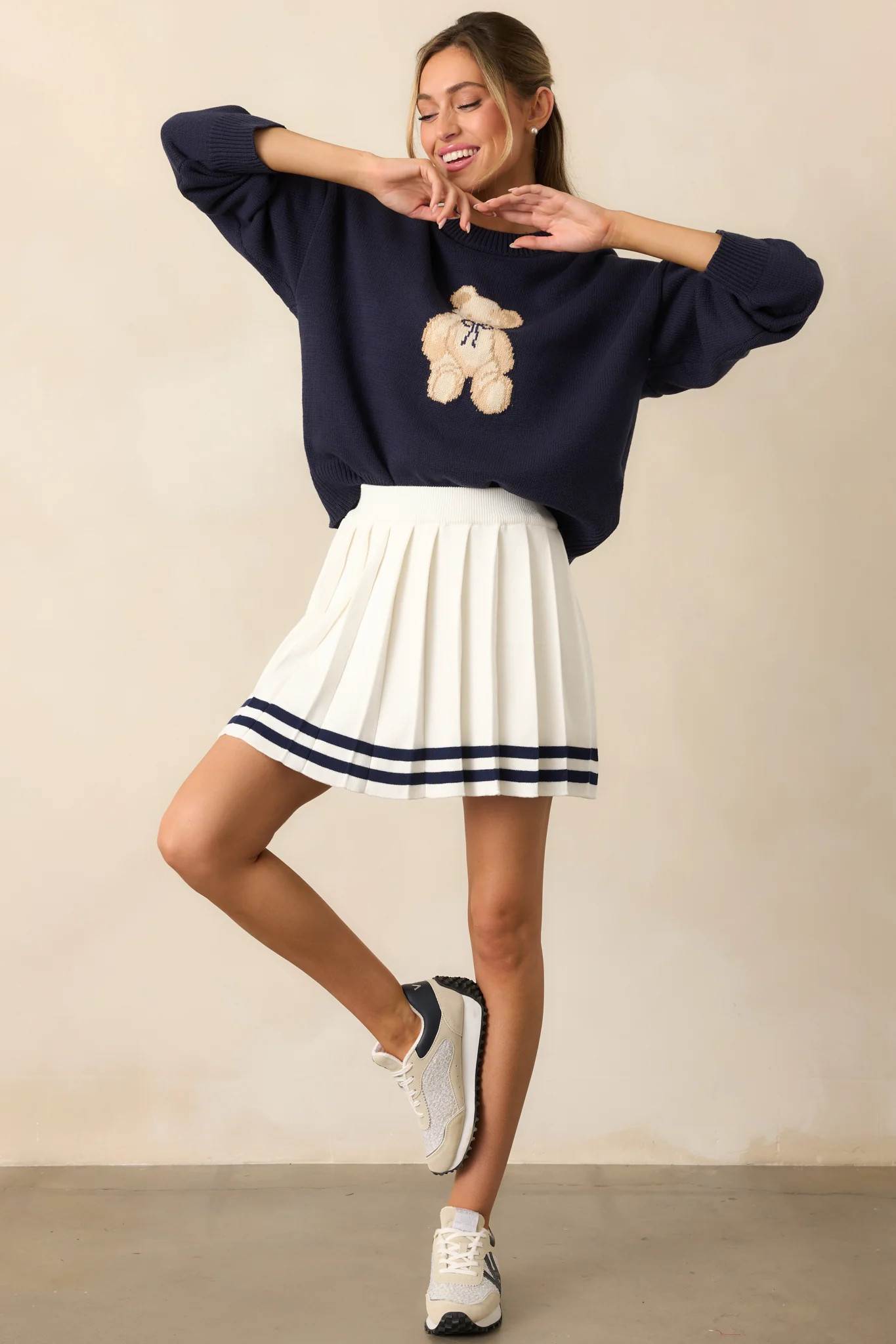 Taking Notes Navy Teddy Bear Oversized Sweater | Red Dress