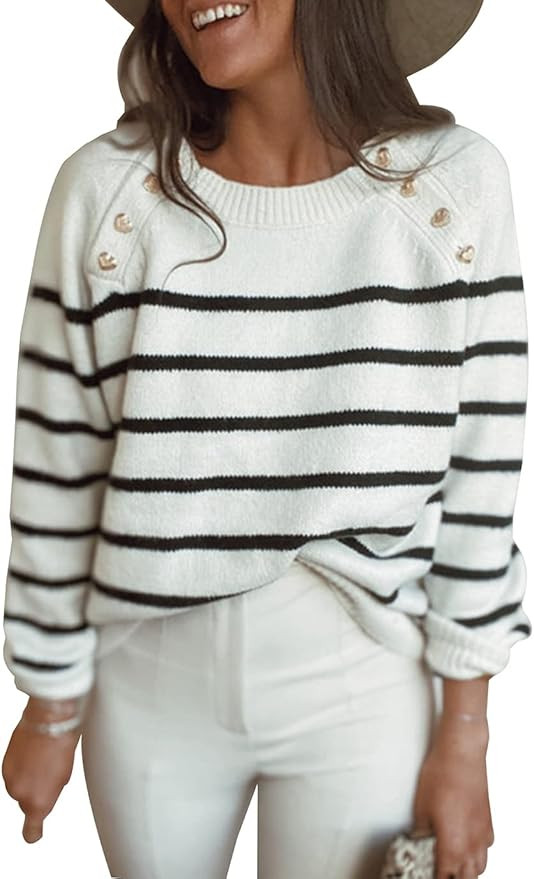 Amkoyam Women's Striped Sweaters 2023 Long Sleeves Knitted Casual Pullovers Loose Shirt Tops with... | Amazon (US)