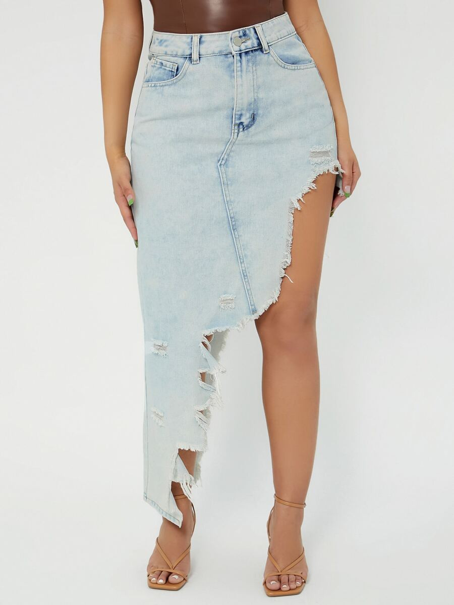 SHEIN SXY Asymmetrical And Raw Hem Ripped Denim Skirt | SHEIN