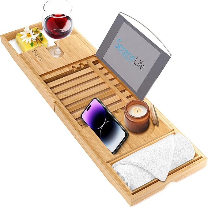 SereneLife Luxury Bamboo Bathtub Caddy Tray - Adjustable Natural Wood Bath Tub Organizer with Win... | Amazon (US)