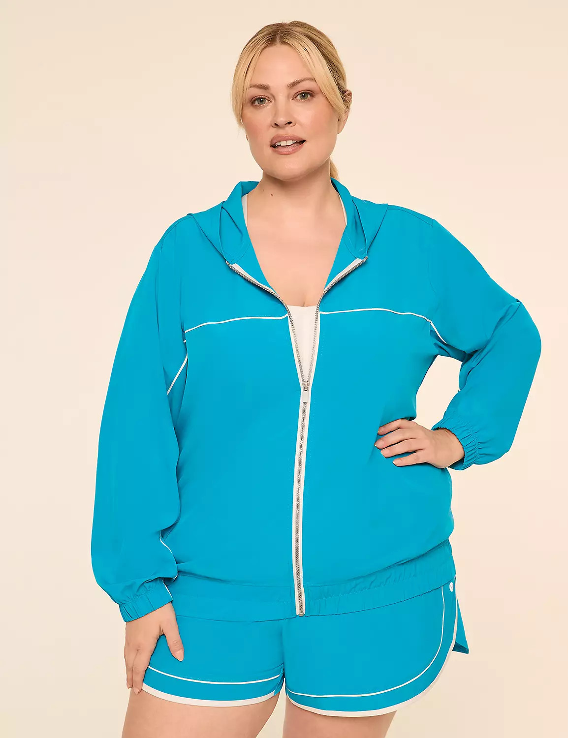 LIVI Full-Zip Hooded Stretch Woven Jacket | LaneBryant | Lane Bryant (US)