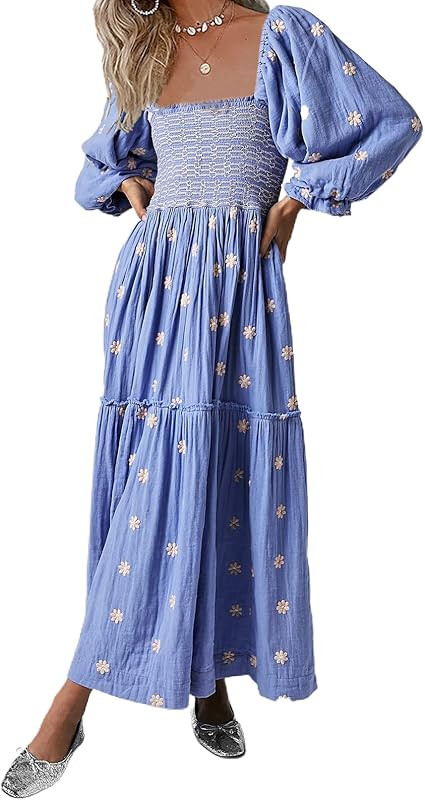 AnotherChill Women's Casual Embroidered Maxi Dress Floral Flowy Square Neck Dresses with Puff Sle... | Amazon (US)