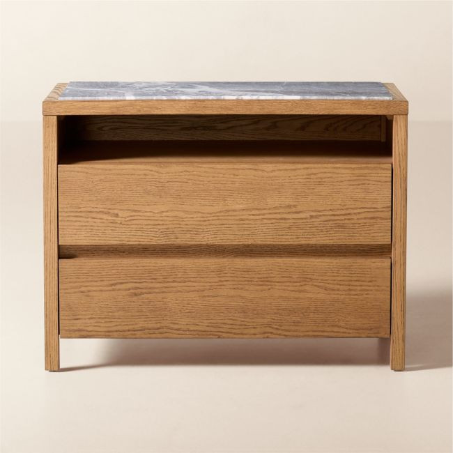 Welton 32"" 2-Drawer Oak Nightstand with Grey Marble Top | CB2