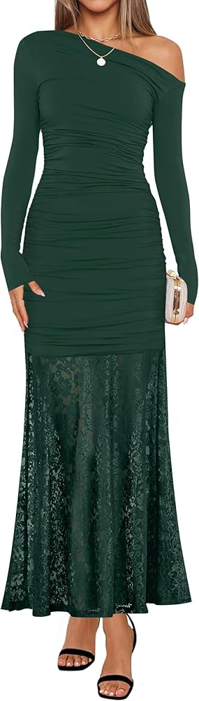 ZESICA Women's Long Sleeve Off Shoulder Bodycon Dresses Fall 2025 Ruched Lace Wedding Guest Cockt... | Amazon (US)