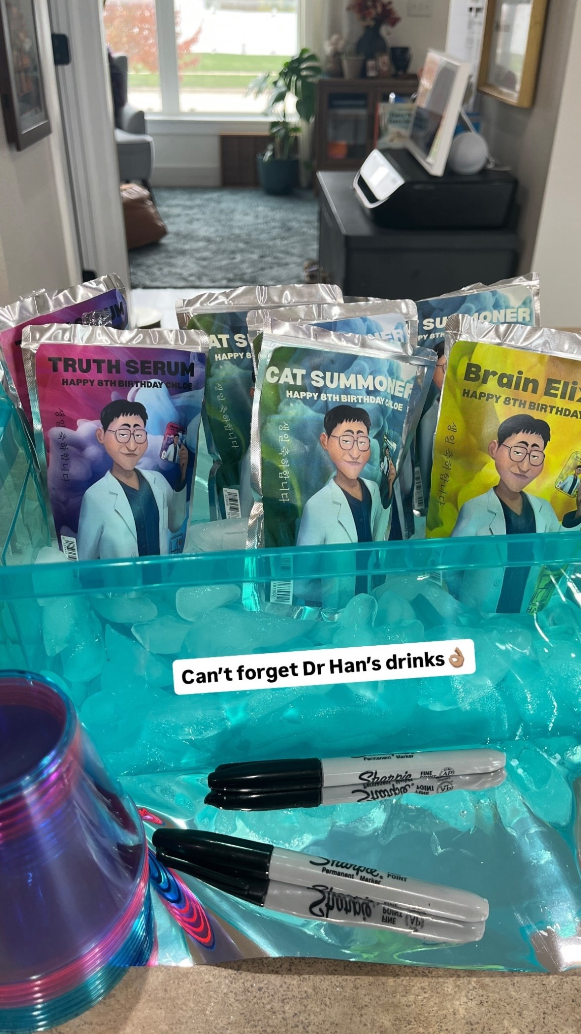 Can’t forget Dr Han’s drinks for our daughter’s K-pop Demon Hunters birthday party. We printed these at Staples, cut out, and stuck to the back of Capri Sun using double sided tape  
👌🏽

#LTKParties #LTKKids #LTKFamily