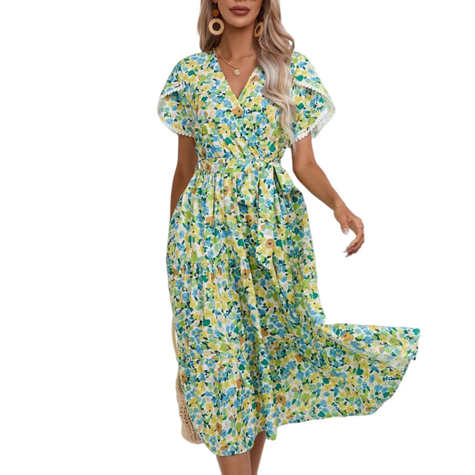 Women Floral Printed Short Sleeve V-Neck Midi Dresses Elastic Waist Swing Loose Fit Dress with Be... | Kohl's