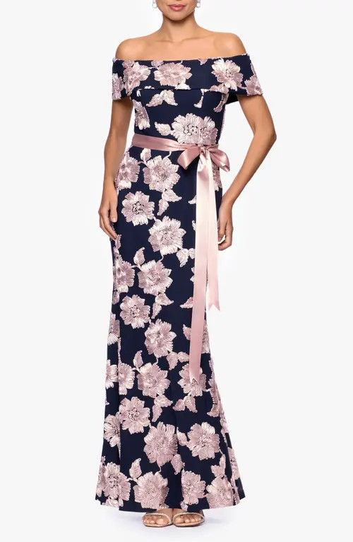 Betsy & Adam Soutache Floral Off the Shoulder Gown in Navy/Rose at Nordstrom, Size 14 | Nordstrom