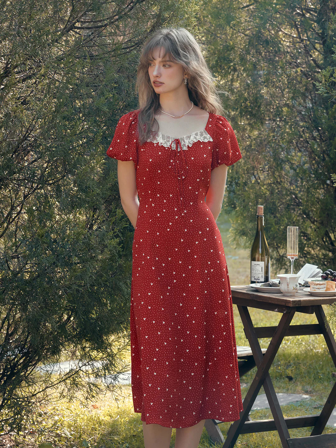Emma Square Neck Lace Puff Sleeves Dress | SimpleRetro