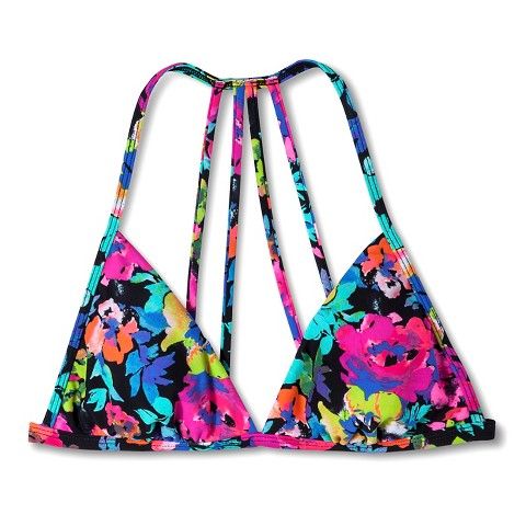 Women‘s Black Floral Print Strappy Back Triangle Halter Bikini Top Xhilaration | Target