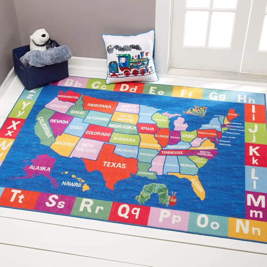 Eric Carle Elementary USA Map Kids Machine Washable Area Rug Blue/Red, 4'11"x6'6" | Amazon (US)