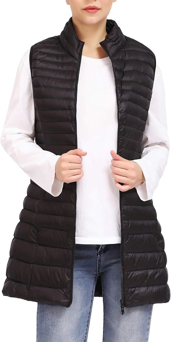 ELFJOY Long Puffer Vest Women Winter Ultra Light Long Down Vest with Stand Collar Black Womens Ve... | Amazon (US)