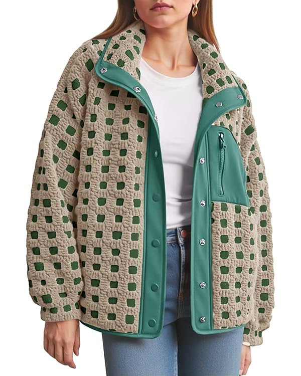 Tankaneo Womens Plaid Sherpa Jacket Fuzzy Fleece Stand Collar Button Down Jacket Winter Warm Oute... | Amazon (US)