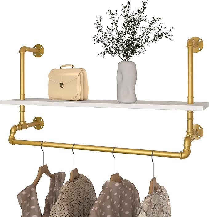 Industrial Pipe Clothing Rack Display Garment Rack Wall Mounted with wooden shelf Heavy Duty Clot... | Amazon (US)
