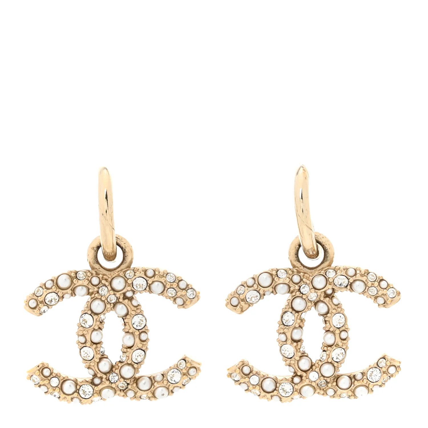 Chanel Crystal Pearls CC Drop Earrings Light Gold 1688164 | FASHIONPHILE (US)