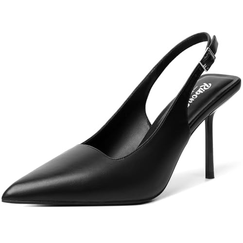 RIBONGZ Black Slingback High Heels Closed Toe Pointy Pumps Sexy Elegant Dressy Heels for Women Wedding Bride Kitten Heels Evening Party Prom Shoes 9.5 | Amazon (US)